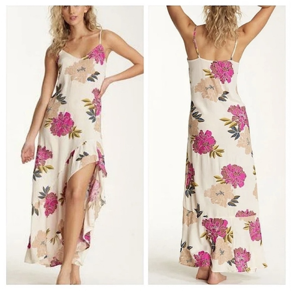 Billabong Kick It Up Floral Maxi High Low Dress in Cream and Pink